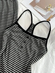 Elamini Petite Women's Elegant Versatile Commuter Fashion Petite Striped Tank Top & Pants 2 Pieces Set - Black and White - View 5