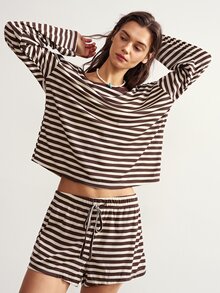 Bohemela Women's Striped Top & Shorts 2 Pieces Set - Brown - View 2