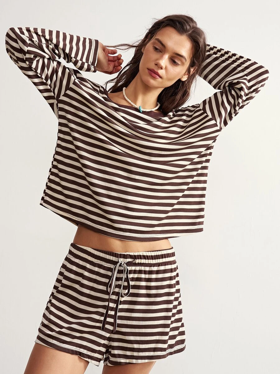 Bohemela Women's Striped Top & Shorts 2 Pieces Set - Brown - View 1