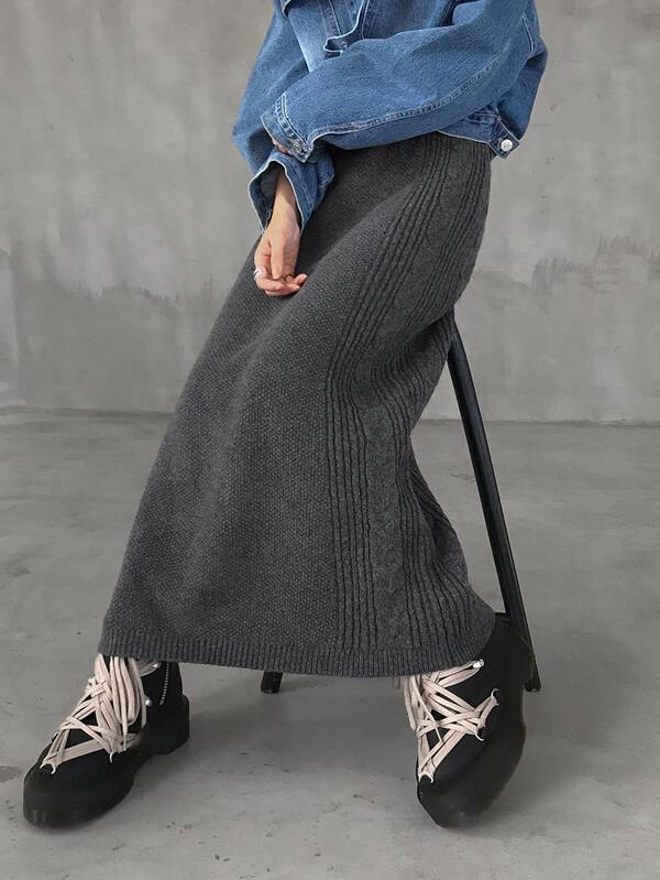 FRIFUL Women's Cable Knit Long Casual Versatile Midi Skirt