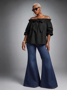 SHEIN Lunessa Off-Shoulder Front Bowknot Strap Fashion Top - Black - View 4