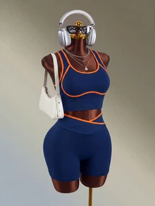 Mistrie 1 Set Navy Blue Orange Contrast Trim Racerback Sports Set, Adjustable Straps, Cross Waist Shorts, Slim Fit, For Yoga Fitness Workout Summer - Navy Blue - View 3
