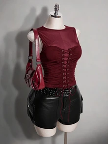 SHEIN ICON Plus Size Retro Y2K Sexy Mesh Patchwork Tank Top - Burgundy - View 5