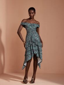 JIAN LASALA Gaun Midi Rajut Tanpa Bahu dengan Lipatan Berlapis-lapis dan Hemline Tidak Rata, Gaun Liburan Elegan - MultiWarna - View 3
