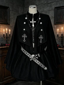 Sunspun Mantel Kancing Bordir Aplikasi Desainer Ukuran Besar untuk Halloween - Hitam - View 1