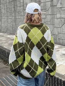 FRIFUL Women's Vintage Vacation Jacquard Long Sleeve Sweater, Fashionable And Versatile Fall Plaid - Khaki - View 7
