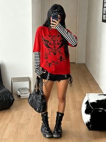 Sparklyn 1件青少年音樂節街頭風基礎哥德龐克條紋拼接 2合1 哥德印花圓領寬鬆長袖T恤 - 彩色 - 查看 5