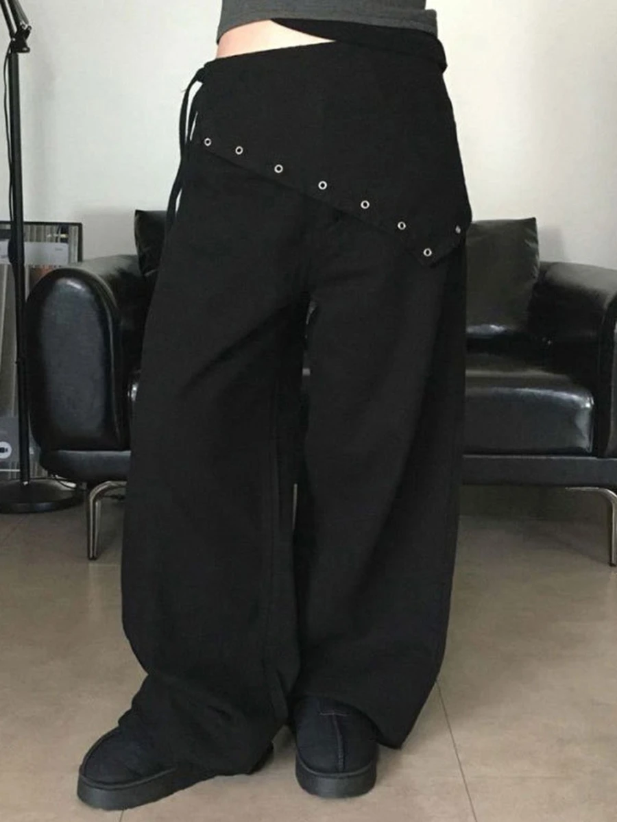 DAZY Women's Eyelet Design Side Waist Tie Wide Leg Casual Denim Jeans - Black - View 1