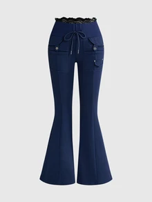 ROMWE Women's Wide Waist Flare Pants With Pockets, Metal Detail, Y2K Vintage Distressed Style - Navy Blue - View 1