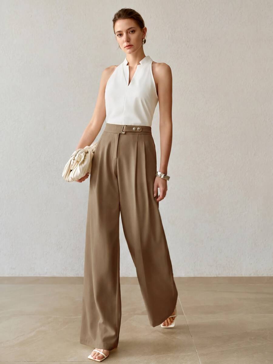 MOTF PREMIUM Quần dài ống rộng xếp ly gập màu trơn có túi chéo - Màu Khaki - Xem 2