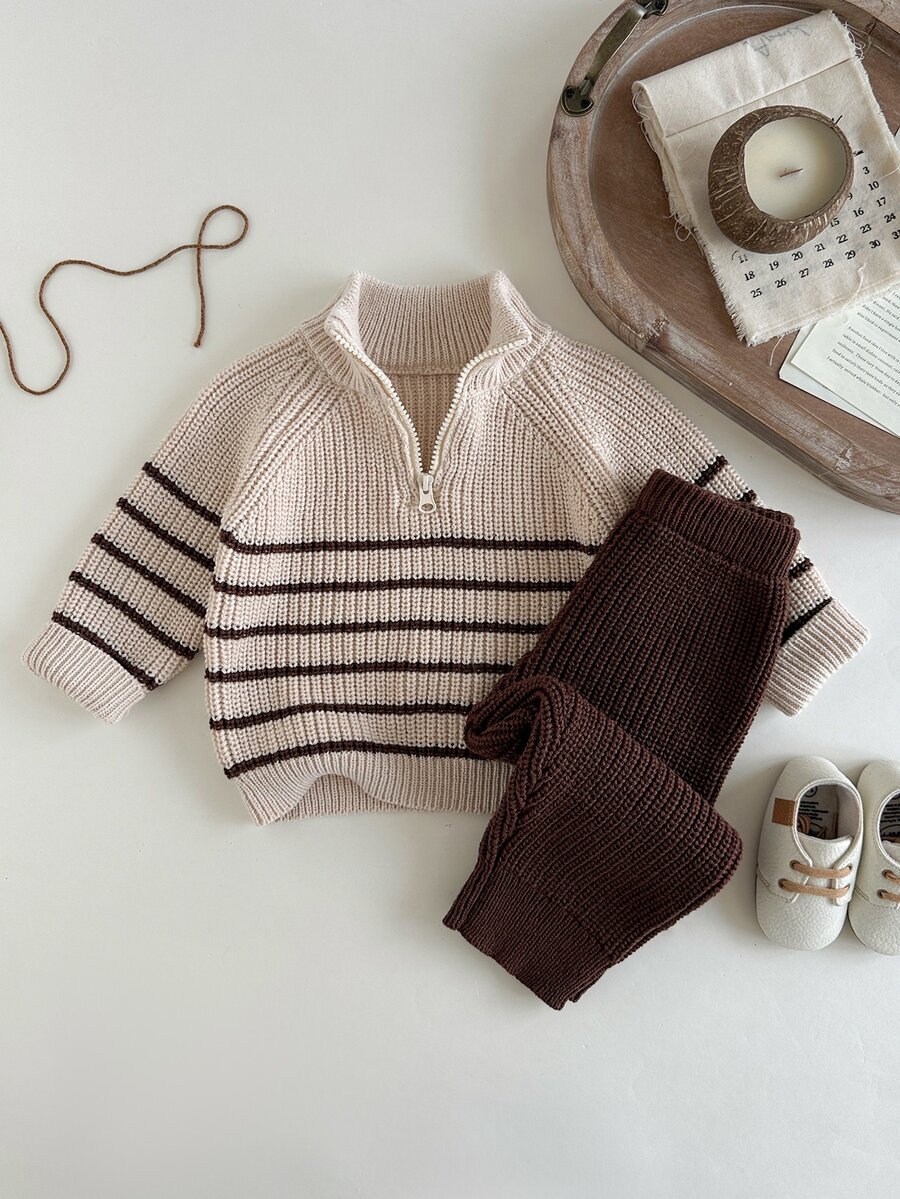 SHEIN Half-Zip High Neck Kids Knit Set, Striped Sweater + Cuffed Knit Pants 2 Pieces Set - Multicolor - View 1