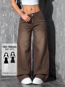 SHEIN PETITE 女款休閒水洗直筒牛仔褲 - 棕色 - 查看 2