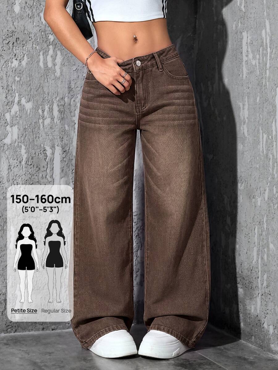 SHEIN PETITE 女款休閒水洗直筒牛仔褲
