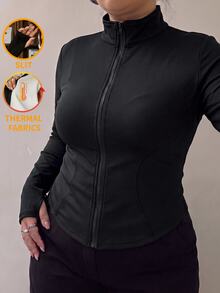 Muchica Women's Plus-Size Solid-Color Long-Sleeve Jacket Featuring A Front Zipper And Warm Lining-Suitable As Either An Outer Layer Or An Underlayer. - Black - View 7