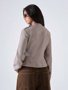 LYSMO Plus Size Women's Autumn/Winter Napoleon Military Style Striped Long Sleeve Zipper Jacket Fall - Multicolor - View 2