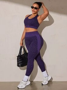 Rhythm Era Women's Plus Size Leopard Print Halter Tank Top And Leggings Sports Kawaii Set Gym Purple Summer - Purple - View 1