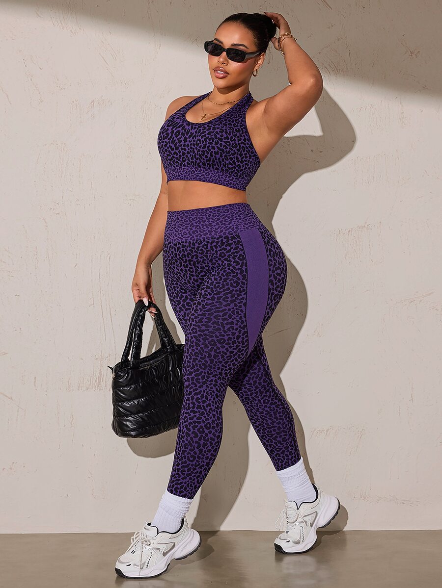 Rhythm Era Women's Plus Size Leopard Print Halter Tank Top And Leggings Sports Kawaii Set Gym Purple Summer - Purple - View 1
