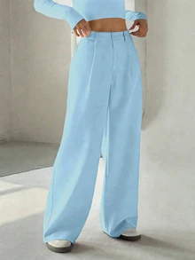 Flirla Women's Premium Elegant Slimming Casual Wide Leg Long Pants - Mint Blue - View 4