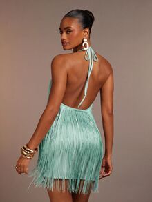 Hauture Women's Sexy Hanging Tassels Fringe Plunge Halter Neck Backless Mini Dress - Mint Blue - View 3