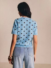 Poéselle 2026新款女款藍色波點針織上衣 短袖圓領 早午餐秋季法式優雅風 - 淺藍色 - 查看 6