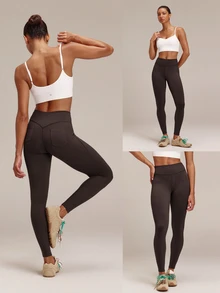 GLOWMODE 28" FeatherFit™-Warm Get To Work High-Waist Pull-On Work-Pant Leggings With Faux Placket & Back Pockets Yoga Studio Daily Fall Winter Wear - Brown - View 8