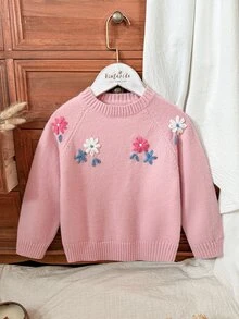 SHEIN Young Girl) Duck Embroidery Cute Minimalist Everyday Knit Pullover Sweater - Pink - View 1