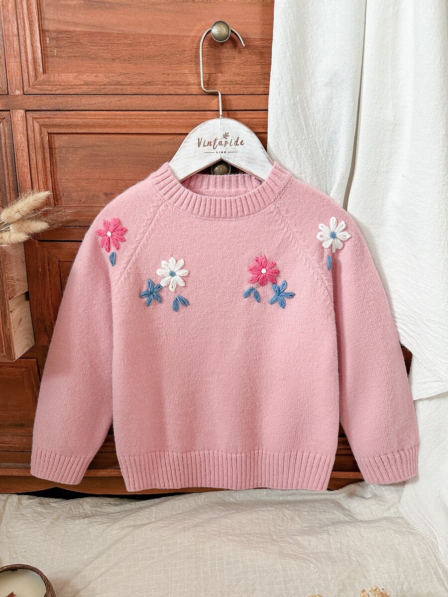 SHEIN Young Girl) Duck Embroidery Cute Minimalist Everyday Knit Pullover Sweater - Pink - View 1
