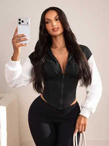 Slayform Women's Colorblock Hooded Waist-Cinching Zip-Up Sports Sweatshirt - Black - View 7