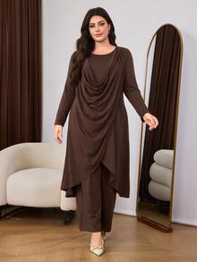 Lacomfia Women's Ruched Drape Cowl Neck Long Sleeve Top & Wide Leg Pants Lazy Design Fashionable Autumn/Winter Plus Size 2 Pieces Set - Coffee Brown - View 5