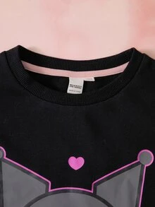 HELLO KITTY AND FRIENDS | SHEIN Set Kasual Sweatshirt Lengan Panjang dan Celana Olahraga dengan Motif Huruf untuk Remaja Perempuan - Hitam - View 4
