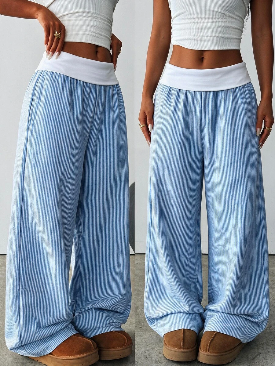 SHEIN Teen Girls Folded Waist Striped Wide Leg Loose Casual Sweatpants - Multicolor - View 1