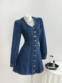 Mori Grove Mori Grove Women's All-Season Peter Pan Collar Long Sleeve Petal Sleeve A-Line Blue Denim Dress - Dark Wash - View 5