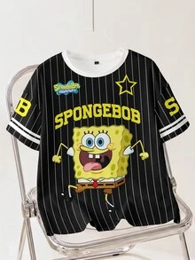 SpongeBob SquarePants | SHEIN 女款字母條紋印花圓領短袖休閒T恤 - 白色 - 查看 1