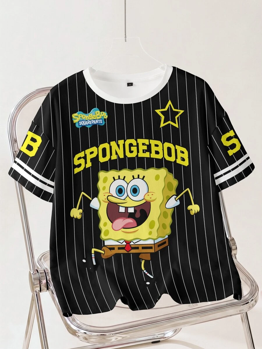 SpongeBob SquarePants | SHEIN 女款字母條紋印花圓領短袖休閒T恤 - 白色 - 查看 1
