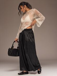 Freevana 女款緞面豹紋長褲，鬆緊腰寬腿褲，優雅日常街頭派對穿搭，秋冬女裝 - 黑色 - 查看 4