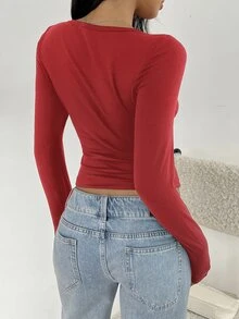SHEIN EZwear 女款休閒極簡大圓領短袖紅色修身長袖打底T恤，適合秋冬穿著 - 紅色 - 查看 2