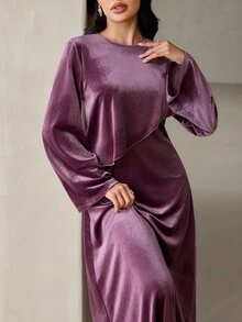 Veilorie 女款純色圓領長袖優雅派對場合洋裝 - 紫色 - 查看 4