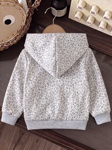SHEIN Playful Pals 1件幼童女款拉鍊連帽外套 可愛學院風 白色豹紋字母長袖連帽外套 戶外冬季秋冬聖誕羅紋 - 淺灰色 - 查看 3
