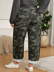 EMERY ROSE Plus Size Fashion Camouflage Print Drawstring Waist Pocket Denim Cropped Pants,Elastic Waistband Relaxed Fit,Tapered Leg,Cuffed Hem,Halloween,Christma - Army Green - View 2