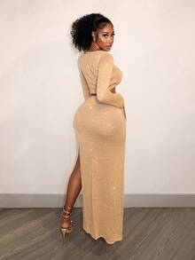 BamGleam Women's Sexy Lace-Up Long Sleeve Sweater And Slit Maxi Skirt 2 Pieces Set - Gold - View 3