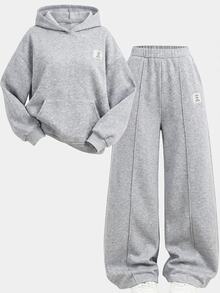 SHEIN Girlism 2件組青少年女孩純灰色冬季休閒度假返校復古寬鬆圖案連帽衛衣與運動長褲保暖運動套裝 - 灰色 - 查看 3
