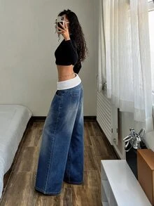 StreetHx Plus Size Women's Contrast Color Waist Fold Pocket Wide Leg Casual Denim Jeans - Blue - View 8