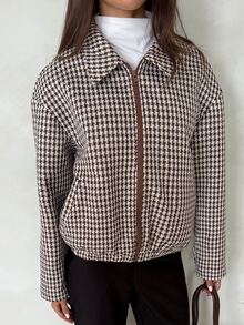 Aloruh 女款優雅通勤休閒秋冬格子棕色長袖夾克，老錢風學院風外套 - 棕色 - 查看 4
