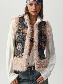 Bohemela Women's Jacquard Patchwork Fuzzy Vest Jacket - Black - View 4