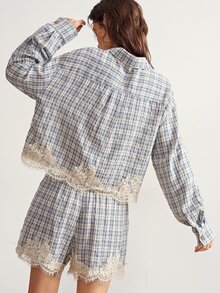 Bohemela Women's Vintage Blue Plaid Color-Block Shirt And Shorts Two Pieces Set With Lace Trim, Perfect For Autumn, Vacations, Going Out, And Halloween Outfits - Blue - View 7