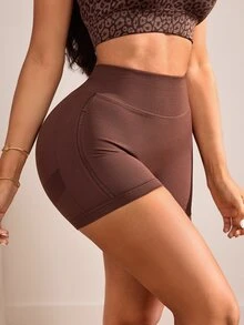 Slayform Slayform Women's Patchwork Waist Deep V Peach Butt Mesh Sexy Base Layer Workout Shorts Brown All-Match Versatile Peach Butt Shape All-Match Style Yoga Gym - Brown - View 3