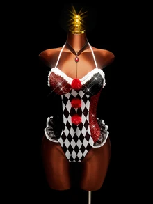 Amplova Women's Sexy Bodysuit With Side Lace Patchwork, Halloween Clown Cosplay Costume, Avant-Garde - Red and White - View 1