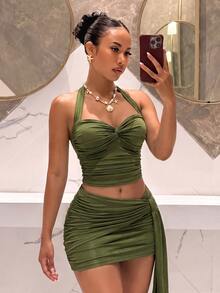 Slaydiva Summer New Birthday Party Holiday Date Beach Sand Pool Occasion Bustier Spaghetti Strap Ruched Army Green Glossy Women's Mini Dress - Army Green - View 5