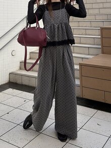 FRIFUL Women's Polka Dot Pattern Contrast Lace Hem Cami Top And Long Pants Casual 2 Pieces Set - Grey - View 7