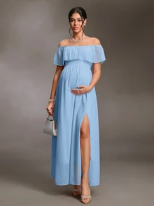 Cheriluna Maternity 優雅露肩荷葉袖側開衩 A 字版型雪紡孕婦洋裝 - 淺藍色 - 查看 5